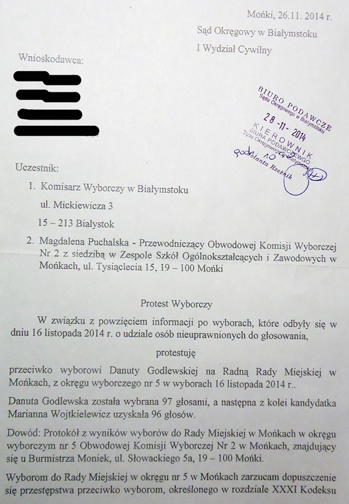 Protest przeciw wyborze Danuty Godlewskiej na radną Rady Miejskiej w Mońkach